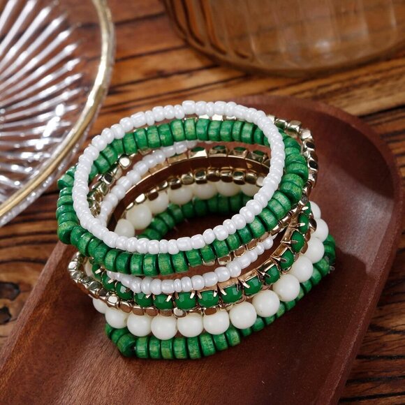 Bohemian Beads Cube Multi Strand Stretch Stackable Bangle Bracelet Set - Picture 2 of 5